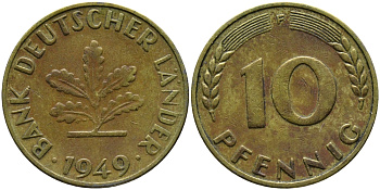 ФРГ 10 ПФЕННИГОВ 1949 F KM 103, J.378 сталь плакированная латунью 98-353