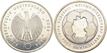 ФРГ 10 евро 2003 чемпионат мира по футболу 2006 года в Германии, первая монета KM 223, DE.S. 10.8 серебро PROOF 02-012-23