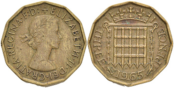 Великобритания 3 пенса 1965 Елизавета II (1952-2022) KM 900, Spink 4153 никель латунь 4556-631