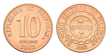 Филиппины 10 сентимо 2002 KM 270 сталь плакированная медью UNC 4668-711