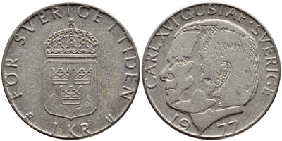 Швеция 1 крона 1977 Карл XVI Густав (1973- ) KM 852 медь плакированная медно-никелем 4397-844