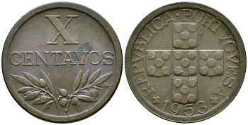 ПОРТУГАЛИЯ 10 СЕНТАВО 1953 KM 583 бронза 4387-356