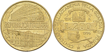 Италия 200 лир 1996 R, 100 лет Академии таможенной службы KM 184 алюминиевая бронза 4126-125