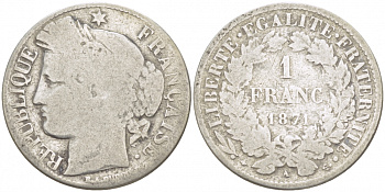 Франция 1 франк 1871 A KM 822.1 серебро  00-00
