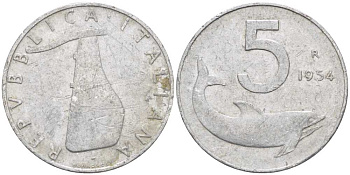 ИТАЛИЯ 5 ЛИР 1954 R, РУЛЬ, ДЕЛЬФИН KM 92 алюминий 65-844