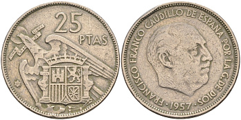 Испания 25 песет 1957 (67) Франциско Франко (1939-1975) KM 787 медно-никель 4583-1044