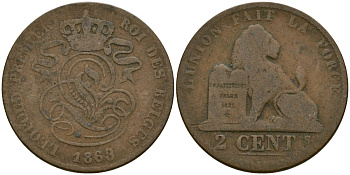 Бельгия 2 сантима 1863 Belges KM 4.2 медь 4135-942