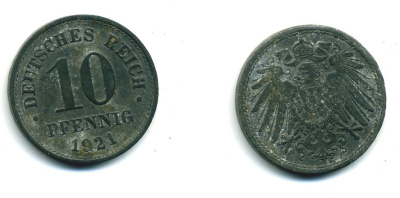 ГЕРМАНИЯ 10 ПФЕННИГОВ 1921 KM 26, J. 299 цинк 54-521
