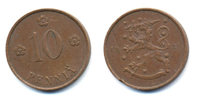 Финляндия 10 пенни 1934 республика (1918-1962) KM 24 медь 51-5355