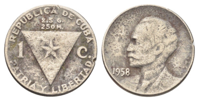 Куба 1 сентаво 1958 Хосе Марти, год-тип KM 30 медно-никель 4697-1123
