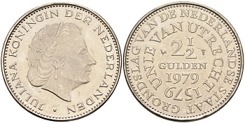 Нидерланды 2 1/2 гульдена 1979 400 лет Утрехтскому союзу, Юлиана (1949-1980) KM 197 никель 4565-721