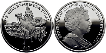 Британские Виргинские острова 10 долларов 2014 в память героев первой мировой войны, солдат верхом на верблюде KM NEW серебро  PROOF 1071-1-53