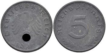 ГЕРМАНИЯ 5 РЕЙХСПФЕННИГОВ 1943 D KM 100, J. 370 цинк 105-266