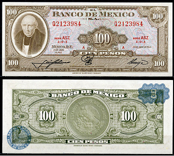 Мексика 100 песо 1963 Мигель Идальго-и-Костилья, серия ASZ Pick 61 b  бумага  UNC (пресс) 8615-7-1-2