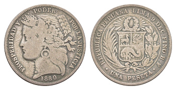 Перу 1 песета 1880 KM 200 серебро 272-621