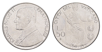 Ватикан 50 лир 1979 MCMLXXIX, Иоанн Павел II KM 145 нержавеющая сталь UNC 4648-131