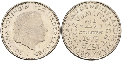 Нидерланды 2 1/2 гульдена 1979 400 лет Утрехтскому союзу, Юлиана (1949-1980) KM 197 никель 4565-721