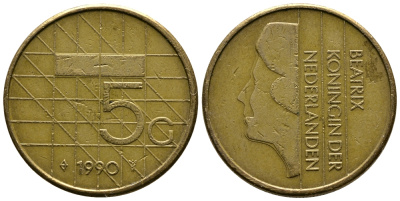 НИДЕРЛАНДЫ 5 ГУЛЬДЕНОВ 1990 БЕАТРИКС KM 210 никель плакированный бронзой 73-1636