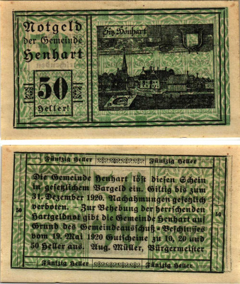 Австрия, Хёнхарт 50 геллеров 1920 нотгельд, 19 мая 1920, Верхняя Австрия   бумага   8608-22-3-2