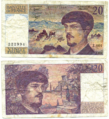 ФРАНЦИЯ 20 ФРАНКОВ 1980 Pick 151a бумага 444-137-1