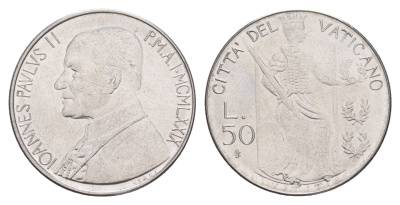 Ватикан 50 лир 1979 MCMLXXIX, Иоанн Павел II KM 145 нержавеющая сталь UNC 4648-131
