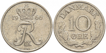 Дания 10 эре 1966 С; S, Фредерик IX (1947-1972) KM 849.1 медно-никель 3309-152