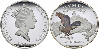 ОСТРОВА КУКА 25 ДОЛЛАРОВ 1996 ОРЕЛ, НАЦИОНАЛЬНЫЕ ПАРКИ, ЦВЕТНАЯ ЭМАЛЬ, ТИРАЖ 1000 ЭКЗ., ВЕС 155,51 ГР., 5 УНЦИЙ KM 289 серебро PROOF 01-019-22-1