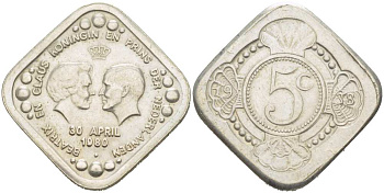 НИДЕРЛАНДЫ ЖЕТОН 1980 КОРОНАЦИЯ КОРОЛЕВЫ БЕАТРИКС 30 АПРЕЛЯ 1980, БЕАТРИКС И ПРИНЦ КЛАУС медно-никель 217-346