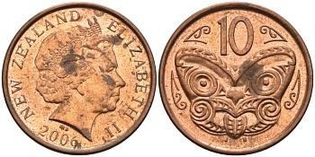 Новая Зеландия 10 центов 2006 Елизавета II (1952-2022), маска маори KM 117а сталь плакированная медью 106-1032