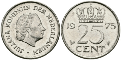 Нидерланды 25 центов 1975 Юлиана (1949-1980) KM 183 никель 96-241