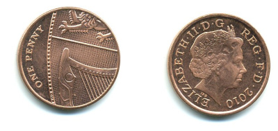 Великобритания 1 пенни 2010 Елизавета II (1952-2022) KM 1107, Spink B6 сталь плакированная медью 540-235