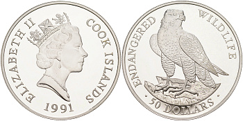 Острова Кука 50 долларов 1991 серия охрана окружающей среды, сокол KM 119 серебро  PROOF  1098-3-23
