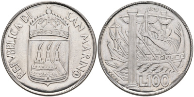 Сан-Марино 100 лир 1973 R, УЛИСС И "ГЕРКУЛЕСОВЫ СТОЛБЫ" KM 28 нержавеющая сталь UNC 00-00