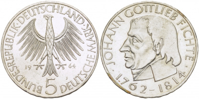 ФРГ 5 марок 1964 J, 150 лет со дня смерти Иоганна Готлиба Фихте J. 393, KM 118.1 серебро UNC 02-264-46