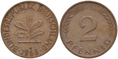 ФРГ 2 пфеннига 1968 J J.381a KM 106a сталь плакированная медью    4598-757