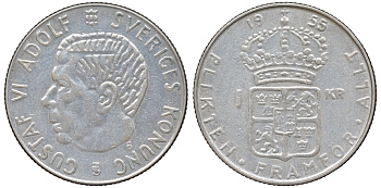 Швеция 1 крона 1955 TS, Густав VI Адольф (1950-1973) KM 826 серебро 4178-734