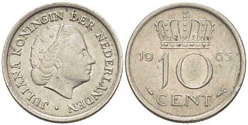 Нидерланды 10 центов 1965 Юлиана (1949-1980) KM 182 никель 214-1218