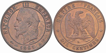 ФРАНЦИЯ 10 САНТИМОВ 1861 K, НАПОЛЕОН III (1852-1870) KM 798.3, LE FRANC 134.4 бронза 38-1246