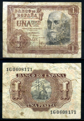 Испания 1 песета 1953 22 июля 1953, Мигель де Санта Круз Pick 144а бумага 7207-38-2-2