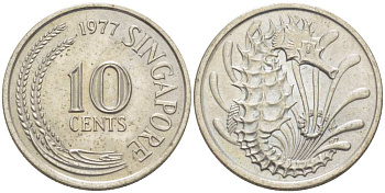 СИНГАПУР 10 ЦЕНТОВ 1977 МОРСКОЙ КОНЁК KM 3 медно-никель 217-1225