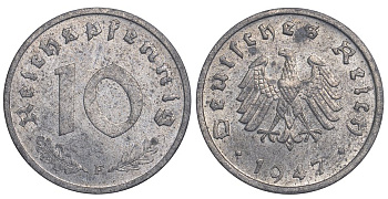 Германия 10 рейхспфеннигов 1947 F, оккупация Германии союзными войсками J. 375, KM A104 цинк aUNC 11-264-62