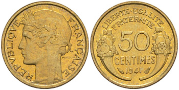 ФРАНЦИЯ 50 САНТИМОВ 1941 ТИП MORLON KM 894.1, LE FRANC 192.18 алюминиевая бронза 44-633