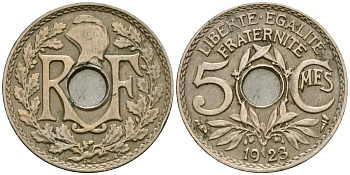 Франция 5 сантимов 1923 KM 875 медно-никель 4164-465