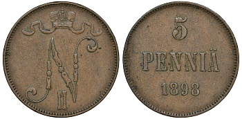 Россия для Финляндии 5 пенни 1898 Николай II (1894-1917) KM 15, Биткин 443 медь 51-857