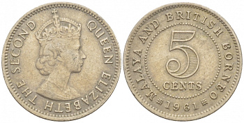 МАЛАЙЯ И БРИТАНСКОЕ БОРНЕО 5 ЦЕНТОВ 1961 ЕЛИЗАВЕТА II KM 1 медно-никель 214-858