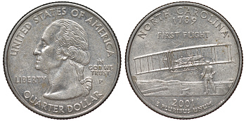 США 25 центов = квотер 2001 Р, серия штаты США, Северная Каролина KM 319 медь плакированная медно-никелем 4538-317