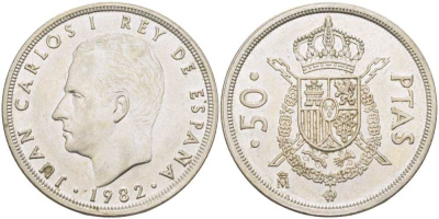 ИСПАНИЯ 50 ПЕСЕТ 1982 ХУАН КАРЛОС I (1975-) KM 825 медно-никель 4403-432