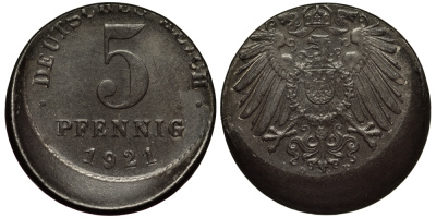 ГЕРМАНИЯ 5 ПФЕННИГОВ 1921 БРАК ЧЕКАНКИ СДВИГ ШТЕМПЕЛЯ KM 19 железо 413-5144