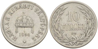 Венгрия 10 филлеров 1894 KB, Франц Иосиф I (1848-1916) KM 482 никель 201-229