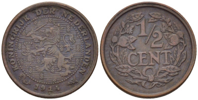 НИДЕРЛАНДЫ 1/2 ЦЕНТА 1914 ВИЛЬГЕЛЬМИНА (1890-1948) KM 138 бронза 39-165